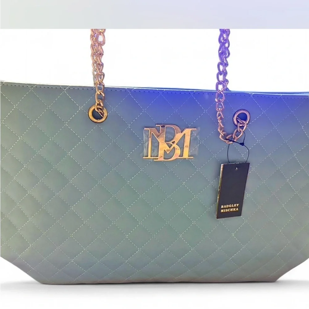 Badgley Mischka Quilted Tote in Blue with Gold Chains